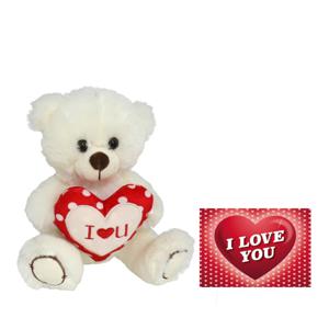 Pluche knuffelbeer met I Love hartje - wit/rood - 30 cm - inc. wenskaart