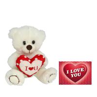 Pluche knuffelbeer met I Love hartje - wit/rood - 30 cm - inc. wenskaart - thumbnail