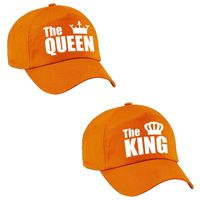 Kadopetten The King en The Queen oranje met witte letters en kroon voor koppels / bruidspaar volwassenen - Verkleedhoofd - thumbnail