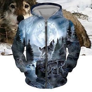 Voor heren Hoodie met volledige rits Jack blauw Capuchon Wolf Grafische prints Vetoketju Afdrukken Sport Outdoor Dagelijks Sport 3D-afdrukken Streetwear Ontwerper Casual Lente Herfst Kleding Lightinthebox