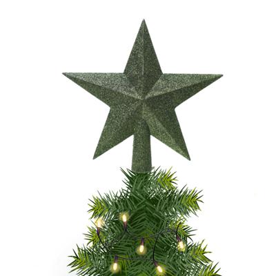 Decoris kerstboom piek - 1x - ster vorm - donkergroen - glitter - 19 cm - kunststof - kerstpiek