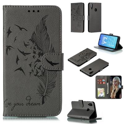Feather patroon Litchi textuur horizontale Flip lederen draagtas met portemonnee & houder & kaartsleuven voor Huawei Y7 (2019) (grijs)