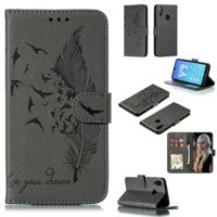 Feather patroon Litchi textuur horizontale Flip lederen draagtas met portemonnee & houder & kaartsleuven voor Huawei Y7 (2019) (grijs)