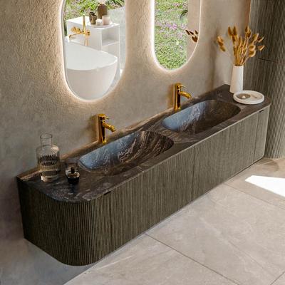 Badmeubel Mondiaz Kurve-Dlux | 190 cm cm | Meubelkleur Shadow | Wastafelkleur Lava | Solid surface | Wasbak beiden zijden spoelbak | 2 kraangaten