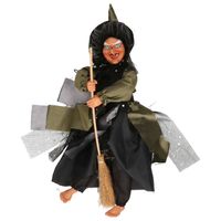 Halloween decoratie heksen pop op bezem - 40 cm - zwart/groen - Halloween poppen - thumbnail