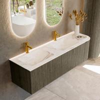 Badmeubel Mondiaz Kurve-Dlux | 155 cm cm | Meubelkleur Shadow | Wastafelkleur Frappe | Solid surface | Dubbel / Links spoelbak | 2 kraangaten