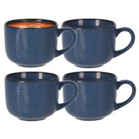 Soepkom Fishbone - 4x - blauw - 12 x 9 cm - keramiek - kommetjes met oor - 560 ml