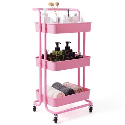 3-Laags Rolwagen Multifunctionele Wagen met Handgreep ABS Maas Mand en Metalen Frame Opbergwagen met 2 Remmen voor Kantoor Roze