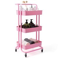 3-Laags Rolwagen Multifunctionele Wagen met Handgreep ABS Maas Mand en Metalen Frame Opbergwagen met 2 Remmen voor Kantoor Roze