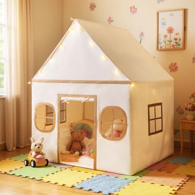 Speelhuis Kinderen Indoor Kinder Tent met Sterrenlichtjes & Gevoerde Mat Beige + Bruin