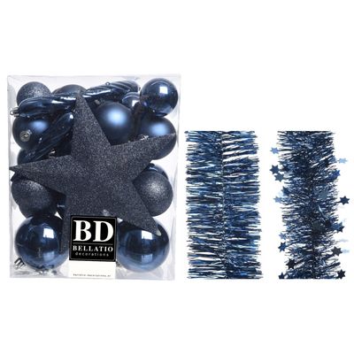 Kerstversiering kerstballen 5-6-8 cm met ster piek en folieslingers pakket donkerblauw van 35x stuks