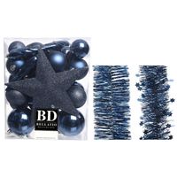 Kerstversiering kerstballen 5-6-8 cm met ster piek en folieslingers pakket donkerblauw van 35x stuks - thumbnail