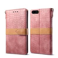 iPhone 7 Plus & 8 Plus horizontaal Tweekleurig krokodil structuur PU leren Flip Hoesje met houder grote draagriem en opbergruimte voor pinpassen (roz