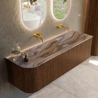 Badmeubel Mondiaz Kurve-Dlux | 145 cm | Meubelkleur Walnut | Wastafelkleur Sombra | Solid surface | Dubbel / Rechts spoelbak | Zonder kraangat(en)