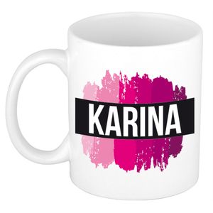 Naam cadeau mok / beker Karina  met roze verfstrepen 300 ml   -