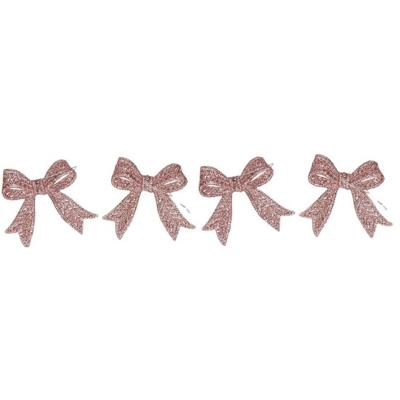 Kerst strikjes - 4x st - roze - glitter - 11 cm - kunststof - kersthangers - kerstornamenten Kerst strikjes - 4x st - roze - glitter - 11 cm - kunststof - kersthangers - kerstornamenten