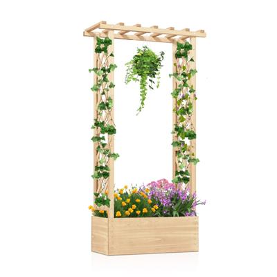 Verhoogde Tuin met Latwerk Houten Plantenbak met Hangend Dak Afwateringsgaten voor Klimplanten Bloemen Groenten-Naturel