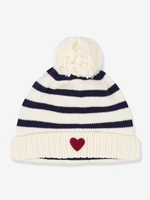 Gestreepte babymuts van gebreid tricot met fleecevoering PETIT BATEAU marineblauw