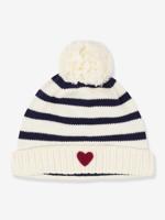 Gestreepte babymuts van gebreid tricot met fleecevoering PETIT BATEAU marineblauw