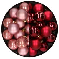32x stuks kunststof kerstballen mix van oudroze en donkerrood 4 cm - Kerstbal - thumbnail