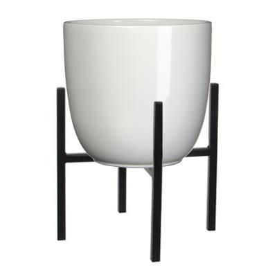 Mica Decorations Bloempot met verhoger - D25 x H23 cm - pot wit - verhoger zwart/metaal H25 cm