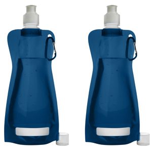 Waterfles/drinkfles opvouwbaar - 2x - blauw - kunststof - 420 ml - schroefdop - karabijnhaak