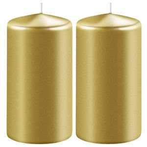 2x Metallic gouden cilinderkaarsen/stompkaarsen 6 x 8 cm 27 branduren