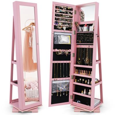 360 Roterende Gespiegelde Sieraden Kast 2-In-1 Afsluitbare Sieraden Organisator met Volledige Lengte Spiegel 39 x 39 x 161 cm (Roze)