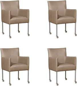 Set van 4 Feloranje leren moderne kuipstoel Desire - poot rond rvs met wiel - Granada leer Taupe (feloranje leer)