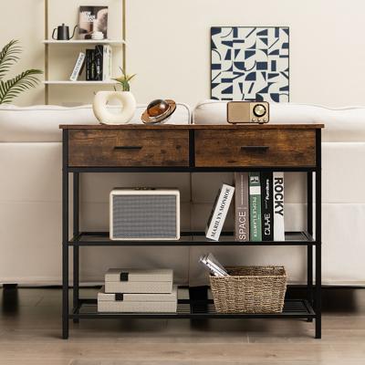 100cm Consoletafel met 2 Laden 3 Niveaus Houten Haltafel Bijzettafel met Metalen Frame met Anti-kantelbeveiliging Vintage/Bruin