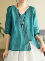 Loose V Neck Casual Cotton And Linen Blouse - thumbnail