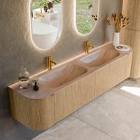 Badmeubel Mondiaz Kurve-Dlux | 190 cm | Meubelkleur Oak | Wastafelkleur Saba | Solid surface | Wasbak beide zijden spoelbak | 2 kraangaten
