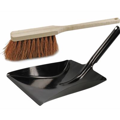 Sorex Stoffer en blik set - voor buiten - zwart metaal - en kokosvezel - met lange steel 45 cm