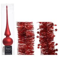 Kerstversiering glazen piek mat 26 cm en folieslingers pakket rood van 3x stuks - thumbnail