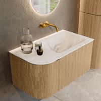 Badmeubel Mondiaz Kurve-Dlux | 85 cm | Meubelkleur Oak | Wastafelkleur Frappe | Solid surface | Rechts spoelbak | Zonder kraangat(en)