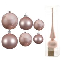 Groot pakket glazen kerstballen 50x lichtroze glans/mat 4-6-8 cm met piek mat - thumbnail