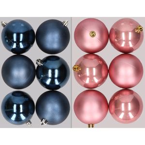 12x stuks kunststof kerstballen mix van donkerblauw en oudroze 8 cm - Kerstbal