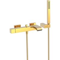 Badkraan Tres Cuadro | Opbouw | Mengkraan | Waterval uitloop | Incl.Handdoucheset | 2-weg | hoh 15 cm | 1-knop | Vierkant | 24k Goud glans