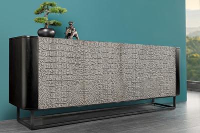 Handgemaakt dressoir CROCO 180 cm grijs zwart mangohout met 3D-houtsnijwerk massief metaal - 44647