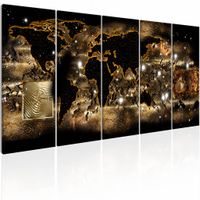 Schilderij - Wereld in de Nacht - Wereldkaart , zwart bruin , 3 luik