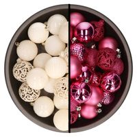 Kerstballen - 74x stuks - wol wit en fuchsia roze - 6 cm - kunststof - Kerstbal