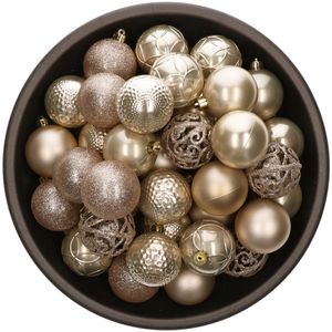 37x stuks kunststof kerstballen parel/champagne 6 cm glans/mat/glitter mix