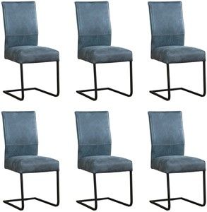 Set van 6 Blauwe leren industriële eetkamerstoelen Remix - poot vierkant zwart - Kenia Leer Denim (blauw leer)