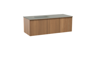 Balmani Forma zwevend badmeubel 135 x 55 cm teakhout met Tablo Arcato asymmetrisch linkse wastafel in solid surface steengrijs, Verticale symmetrische rechte ribbel