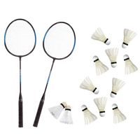 Badminton set blauw/zwart met 12x shuttles en opbergtas - thumbnail