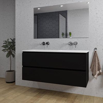 Adema Chaci Badkamermeubelset - 120x46x57cm - 2 keramische wasbakken wit - zonder kraangaten - 2 lades - rechthoekige spiegel - mat zwart SW1212777/SW773928/SW724613
