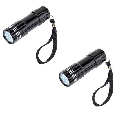 Kleine 9 LED krachtige pocket zaklamp - 4x stuks - zwart - 9 cm - met batterijen en koordje
