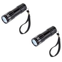 Kleine 9 LED krachtige pocket zaklamp - 4x stuks - zwart - 9 cm - met batterijen en koordje