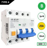 25A 30mA Aardlekautomaat 3 polig+nul B25 30mA 6kA RCM4 SEP