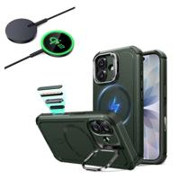 iPhone 17 Bundle Cyber Tough Magnetic Case (Camera Control, Stash Stand) and Magnetic Charging Pad (Qi2) - Olive Green
